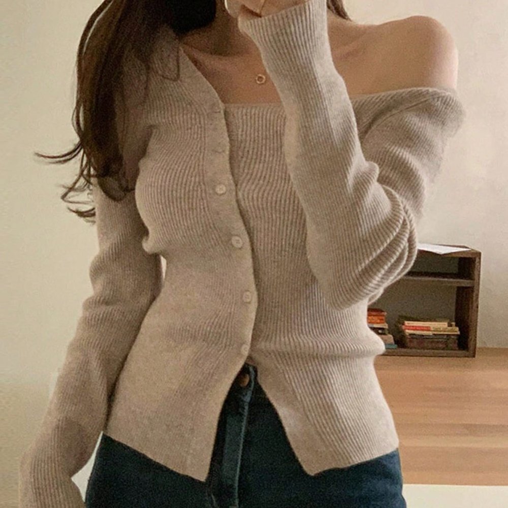 Mocha Brown Casual Womens Solid Asymmetrical Neck Button Through Ribbed Knit Ca…